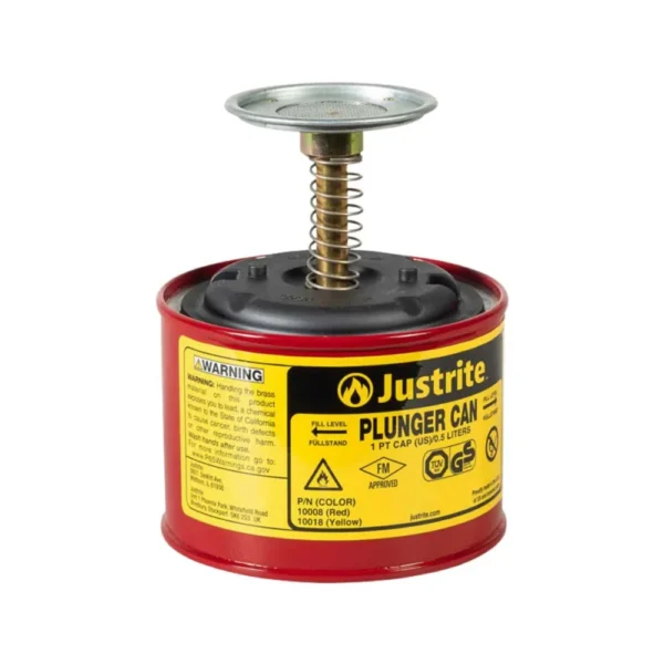 Justrite Steel Plunger Dispensing Can (1 Pint, 1 Quart, 1 Gallon)